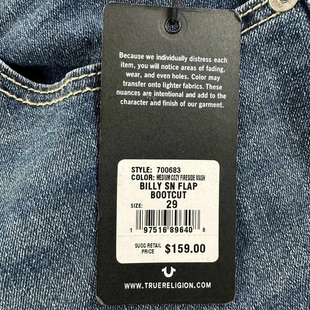 True Religion Billy Flap Bootcut Jeans Mens 29x33.5 Blue Relaxed Denim NEW